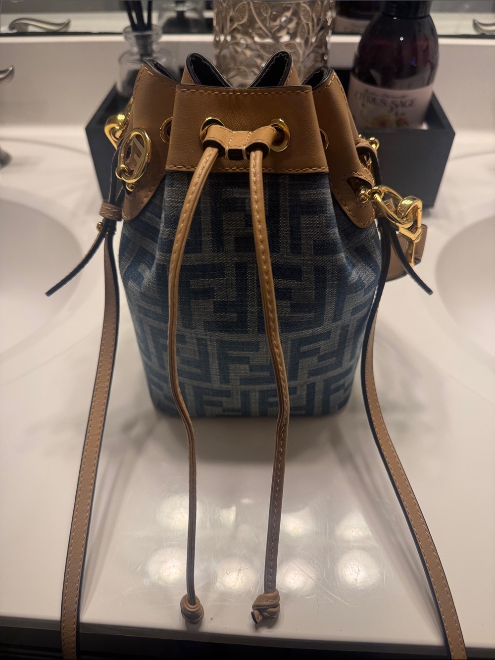 Fendi Blue Monogram Denim & Tan Leather Drawstring Bucket Bag